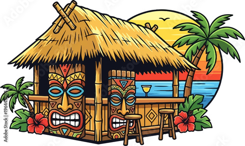 Tropical tiki bar at sunset with palm trees and a beach drink