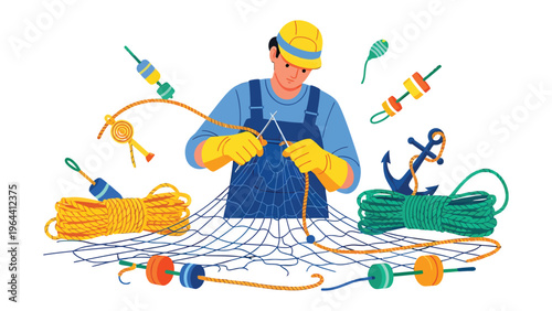 Artisan of the Sea: A skilled artisan meticulously repairs a fishing net amidst maritime tools, showcasing dedication and craftsmanship within a nautical environment.