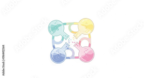 This vector illustration features four laboratory flasks interconnected in a continuous loop, symbolizing scientific synergy and research integration. Each flask holds a distinct pastel-colored.