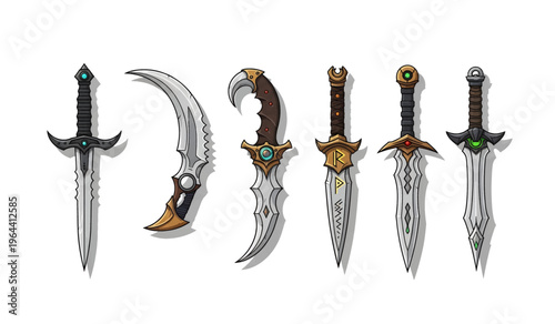 Collection of fantasy swords on display.