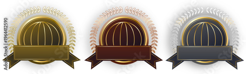 高級感あふれる金銀銅カラーの円形エンブレムと月桂樹リースの装飾バッジセット、ラベルや賞状デザインに使えるクラシックな高級フレーム素材