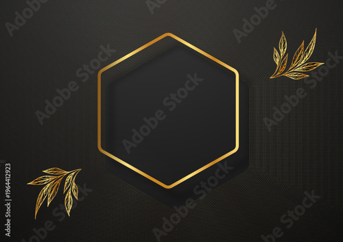 黒背景に映えるゴールドラインの六角形フレームと繊細な植物装飾が美しい高級感あふれるラグジュアリーデザイン背景素材