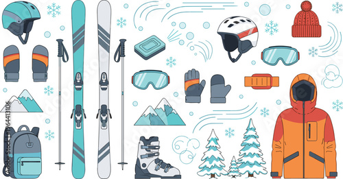 Winter Sports Equipment Vector Set Featuring Skis Helmets Goggles Warm Clothing and Snow Accessories for Alpine Skiing and Mountain Resort Vacation Graphic Designs