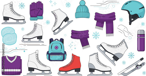 Winter Ice Skating Equipment Vector Set Featuring Figure Skates Protective Helmet Warm Scarf Mittens and Backpack for Seasonal Outdoor Activity and Sporting Graphic Designs