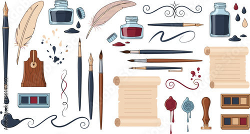 Vintage Calligraphy and Writing Tool Vector Set Featuring Quill Feathers Ink Bottles Parchment Scrolls Wax Seals and Fountain Pens for Artistic Stationery Designs