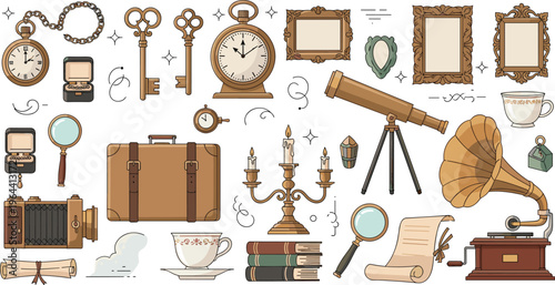 Vintage Antique Object Vector Collection Featuring Pocket Watch Gramophone Skeleton Keys and Classic Travel Suitcase for Nostalgic History and Steampunk Theme Designs