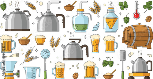 Vector Illustration Set of Beer Brewing Equipment and Ingredients Including Kettles Beer Mugs Barley Hops Barrel and Thermometer Isolated on White