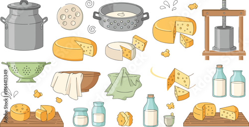 Vector Illustration Set of Dairy Products and Cheese Making Equipment Including Milk Cans Cheese Wheels Press and Bottles Isolated on White