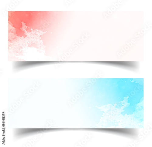 赤と青の水彩テクスチャがやさしく広がるナチュラルで温かみのある横長バナー背景、手描き風の柔らかな表現が魅力のデザイン素材