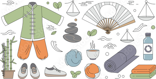 Traditional Tai Chi and Martial Arts Wellness Vector Set Featuring Kung Fu Uniform Zen Stones Bamboo Yoga Mat and Asian Cultural Elements for Meditation and Health Designs