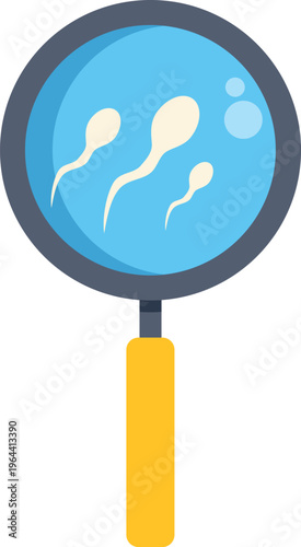 Magnifying glass examining sperm cells, symbolizing fertility analysis and medical research