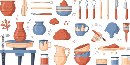 Professional Pottery Workshop Vector Set Featuring Ceramic Vases Clay Sculpting Tools Potter's Wheel and Handmade Earthenware for Crafting and Artistic Studio Designs
