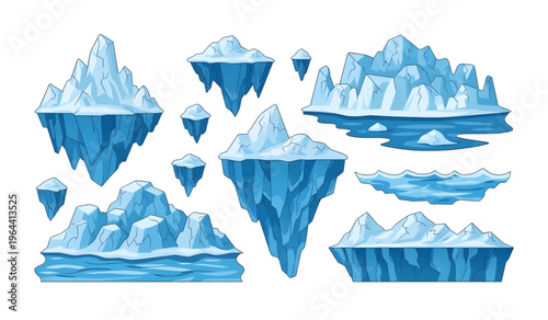 Collection of Icebergs floating in ocean water.