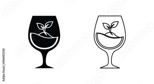 Wine glass with plant silhouette and line art Vector
