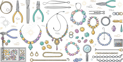 Professional Jewelry Making Vector Set Featuring Handmade Necklaces Bracelets Gemstones Pliers and Crafting Tools for Artisan Workshops and Creative Fashion Accessory Designs