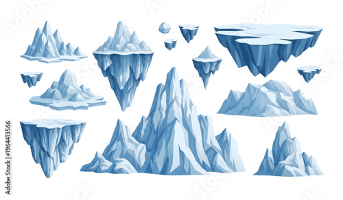 Collection of Icebergs in various shapes and sizes.