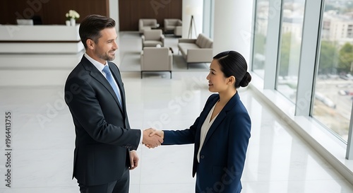 Two business professionals shaking hands in a modern office building lobby with large windows and a minimalist interior design