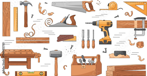 Professional Carpentry and Woodworking Tool Set Featuring Hand Saw Electric Drill Workbench Plane and Timber Materials for Joinery Workshop and Furniture Craft Designs
