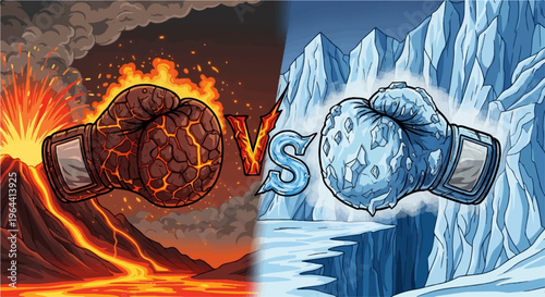 Boxing gloves, one made of lava, facing off against one made of ice