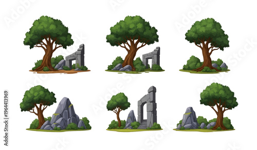 Collection of Illustration of tree and stone monument.