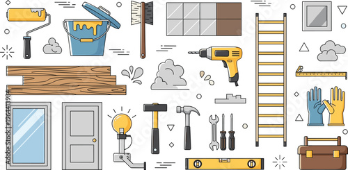 Home Renovation and Construction Tool Set Featuring Paint Roller Ladder Drill Hammer and Building Materials for House Repair Maintenance and DIY Improvement Projects