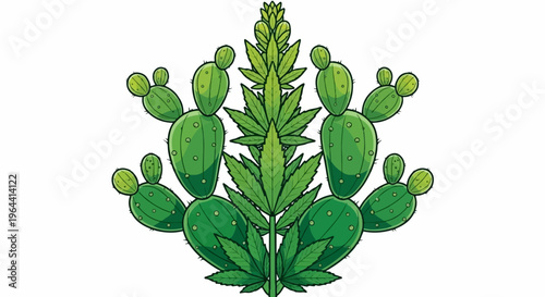 Symmetrical arrangement of green prickly pear cactus pads and cannabis leaves