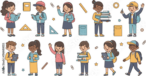 Diverse Group of Cute School Children Cartoon Characters with Books Backpacks and Tablets for Back to School Education and Classroom Learning Graphic Designs