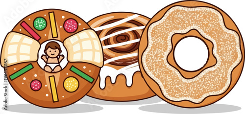 Three cartoon pastries a decorated ring cake with a baby, a cinnamon roll, and a sprinkled donut