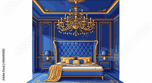 Luxurious blue and gold bedroom with tufted bed, chandelier, and lamps