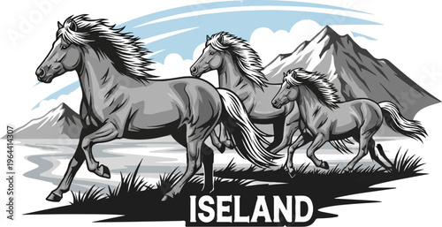 Three powerful horses gallop through a rugged, mountainous landscape