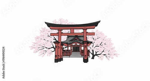 Traditional shrine entrance with blooming cherry blossoms