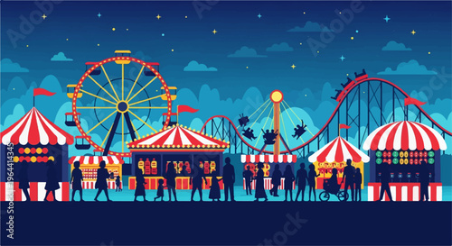 Nighttime amusement park scene with rides and silhouettes of people enjoying