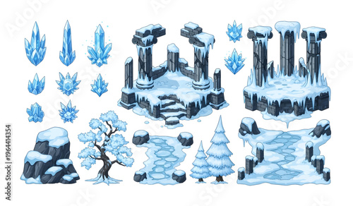 Collection of Snowy winter landscape ice crystals.