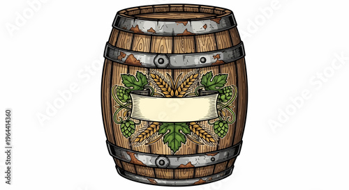 Old wooden barrel adorned with hops, wheat, and a blank ribbon for labeling