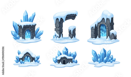 Collection of Ice crystals on dark stone formations.