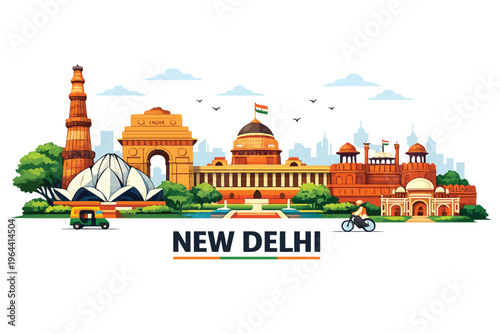  New Delhi City Landmarks Vector Illustration – India Famous Monuments Skyline Flat Design Isolated on White Background Travel Tourism Architecture Collection