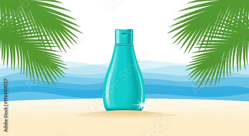 Turquoise lotion bottle on a sandy beach with palm leaves and ocean waves