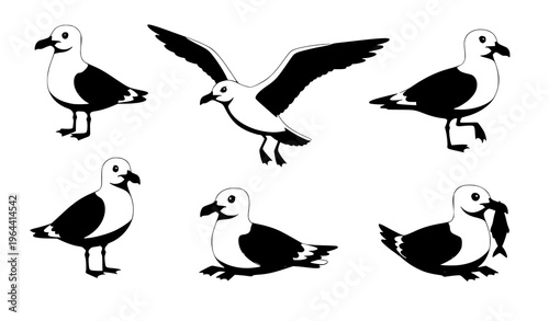 Seagull cartoon bird icons coastal wildlife vector set