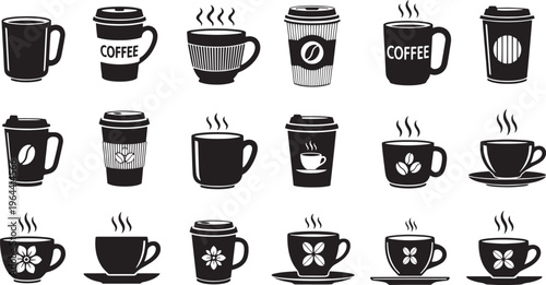 Explore a versatile graphic concept featuring an extensive assortment of steaming coffee and tea cups, mugs, and travel tumblers, perfect for beverage-related designs and cafe aesthetics