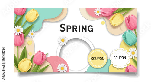 Colorful spring sale banner with tulips and coupons on a white background for seasonal promotions and discounts