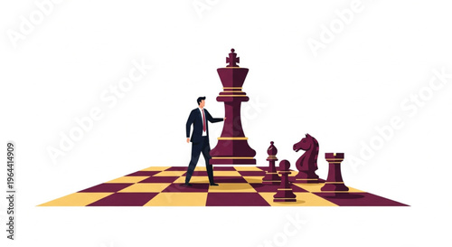 A professional flat vector illustration of a businessman standing on a giant chessboard, surrounded by large chess pieces like the king and knight. This conceptual graphic represents business strategy