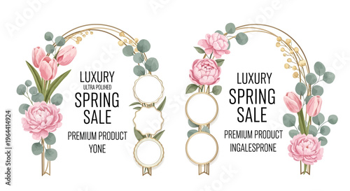 Vector illustration of luxury spring sale banners with floral design and gold accents on a white background for seasonal promotions and marketing campaigns