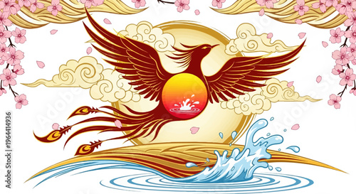 Majestic phoenix bursts from sun, rising above flowing water and cherry blossoms