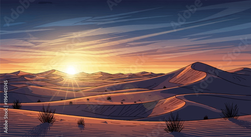Pixelated desert landscape at sunset with rolling dunes and sparse vegetation