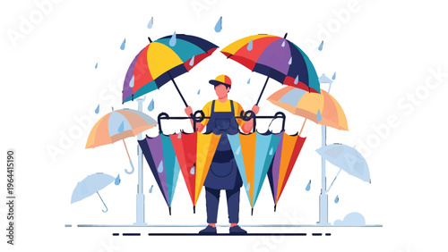 The Umbrella Vendor's Display: A vibrant display of umbrellas under the gentle shower, highlighting a vendor's colorful wares and anticipation for a rainy day.