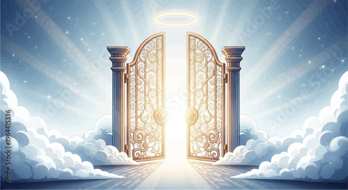 Ornate golden gates open to heavenly light amidst clouds and sunbeams