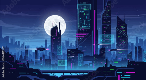 Pixelated futuristic city skyline at night with a large moon and flying vehicles