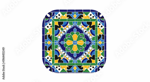 Intricate floral mosaic tile pattern in blue, green, and yellow