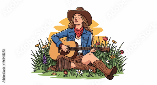 Woman in cowboy attire plays guitar surrounded by flowers and grass