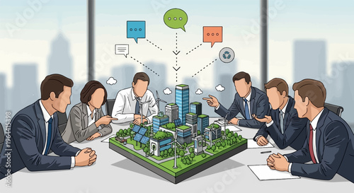 Professionals discuss sustainable urban development with a miniature city model